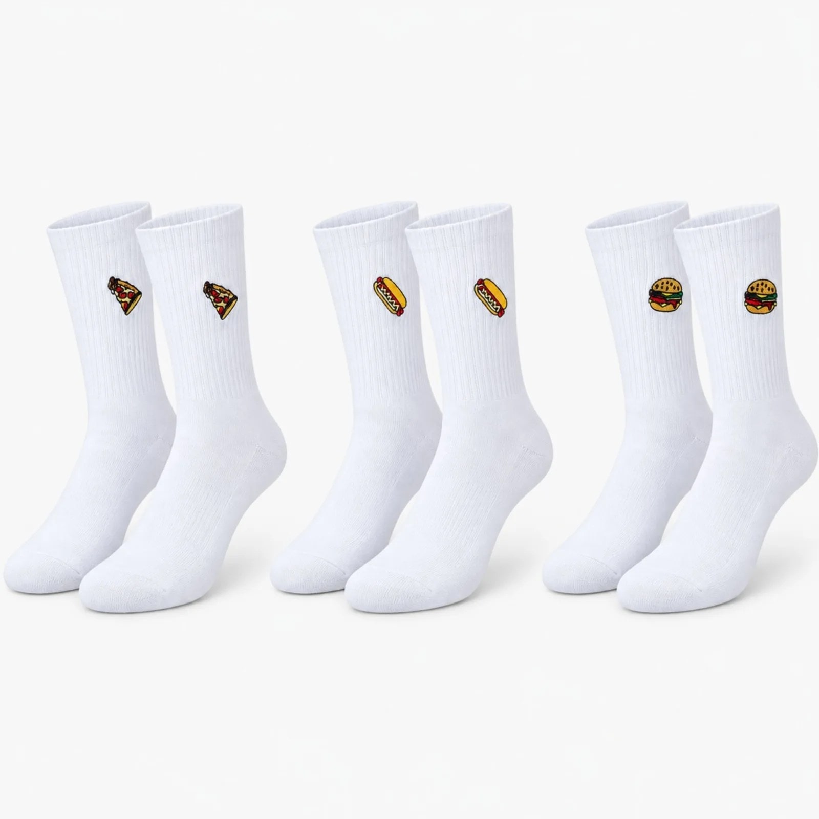 Unisex Çorap Beyaz Nakışlı 3'lü Set Pizza Hotdog Hamburger Desenli Uzun Soket Günlük Spor Çorap Seti — görsel 1/6