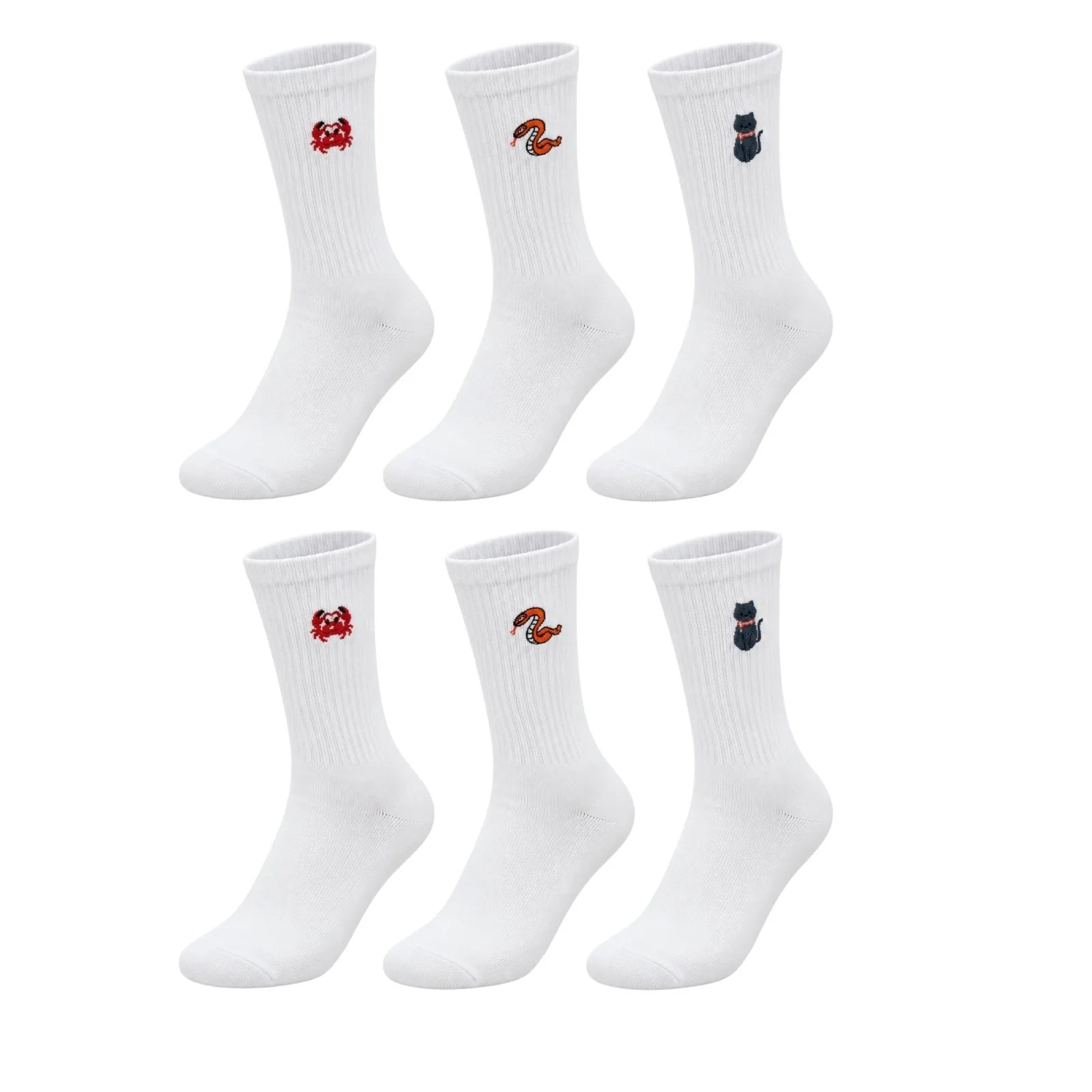 Unisex Çorap Beyaz Hayvan Nakışlı 6'lı Set Yengeç Yılan Kedi Desenli Uzun Soket Günlük Spor Çorabı — görsel 1/7