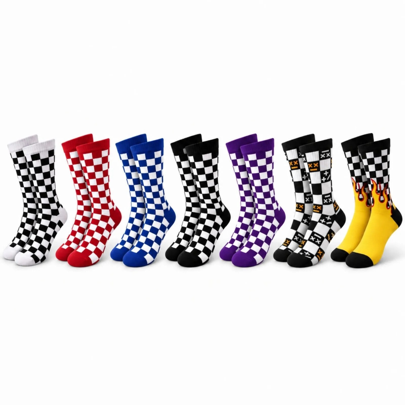 Unisex Çorap Dama Desenli Renkli 7'li Set Kareli Alev Desen Uzun Soket Günlük Spor Çorabı — görsel 1/7