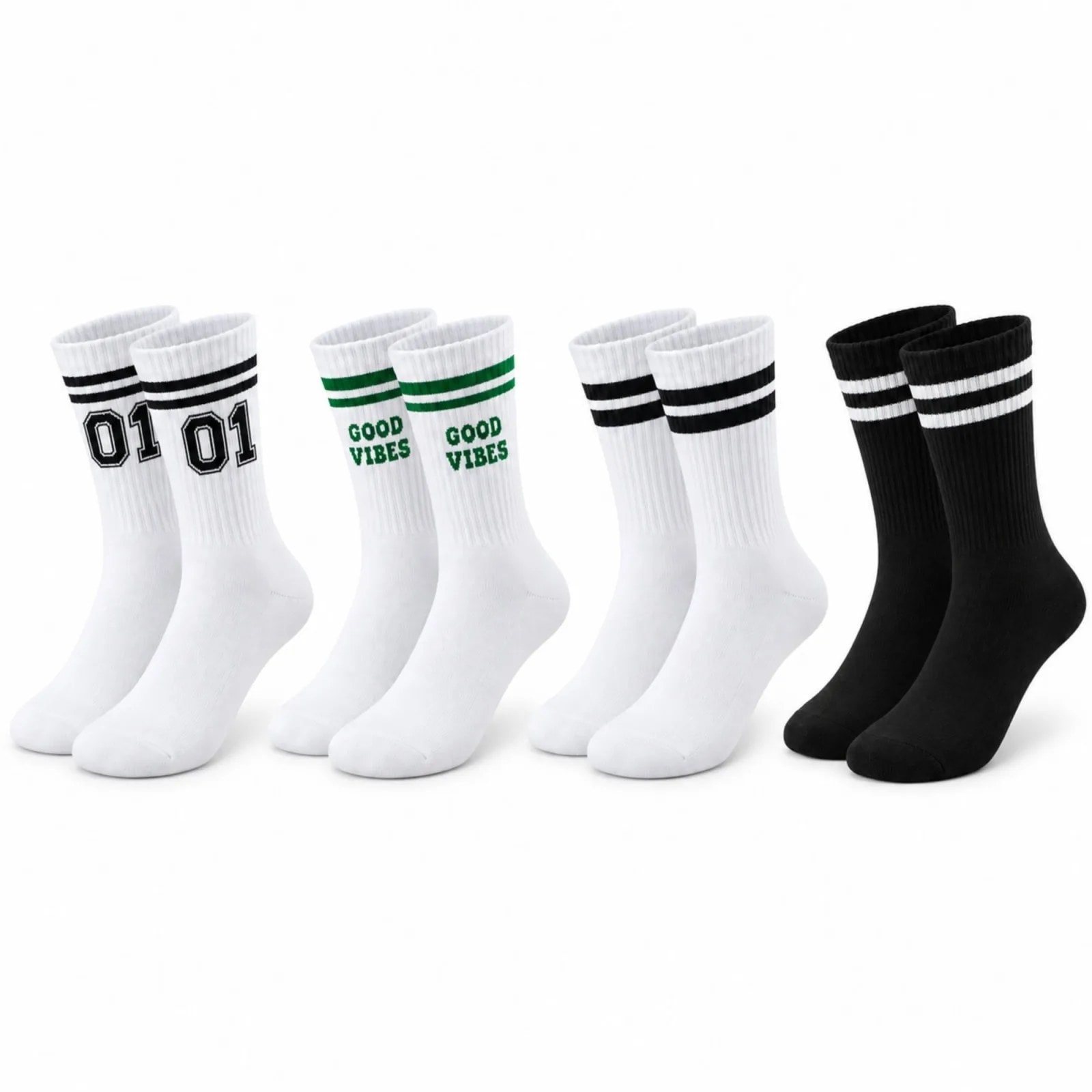 Unisex Çorap Çizgili 4'lü Set 07 Good Vibes Yazılı Siyah Beyaz Uzun Soket Spor Kolej Stil Rahat Şık — görsel 1/7