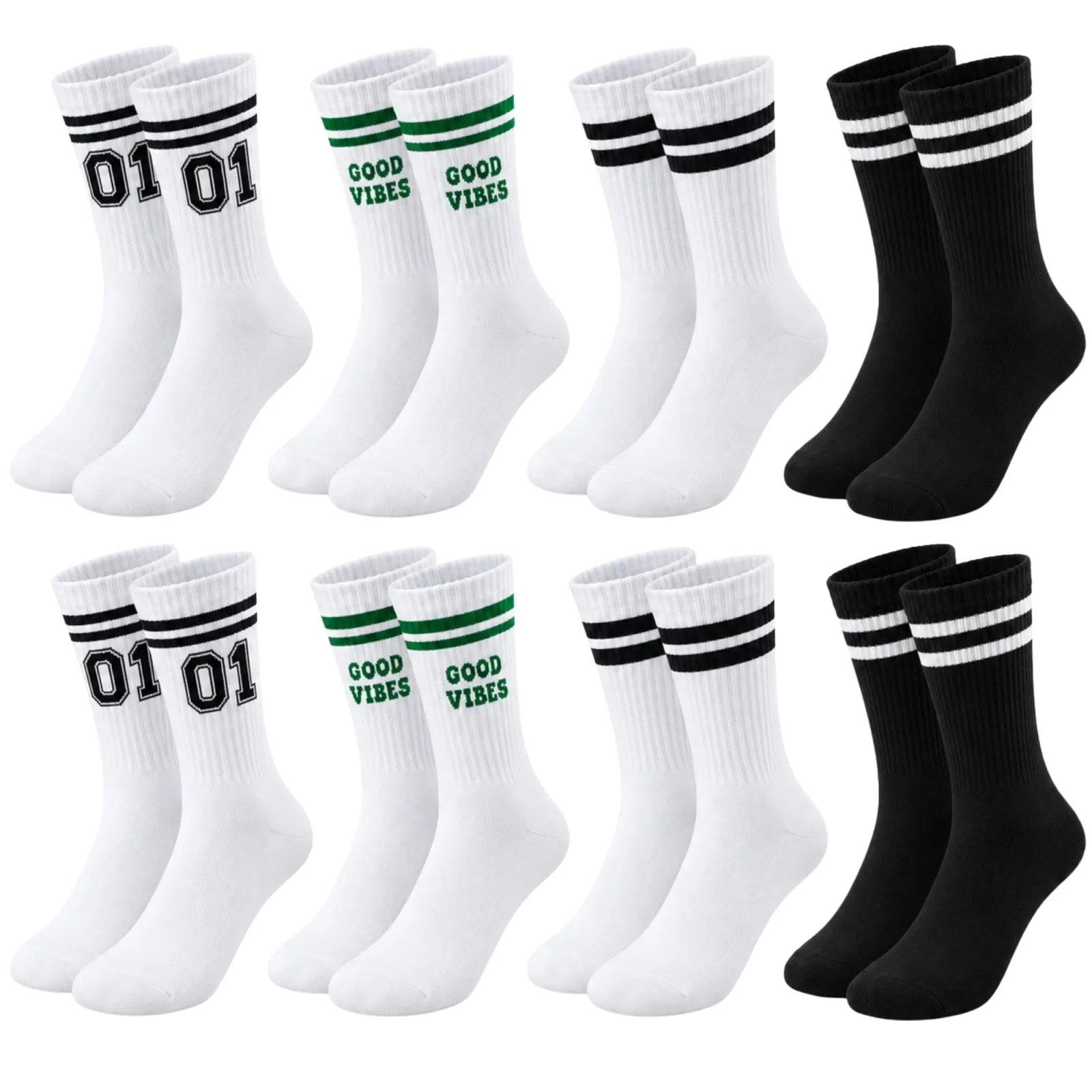 Unisex Çorap Çizgili 8'li Set 07 Good Vibes Yazılı Siyah Beyaz Uzun Soket Spor Kolej Stil Çorap — görsel 1/7