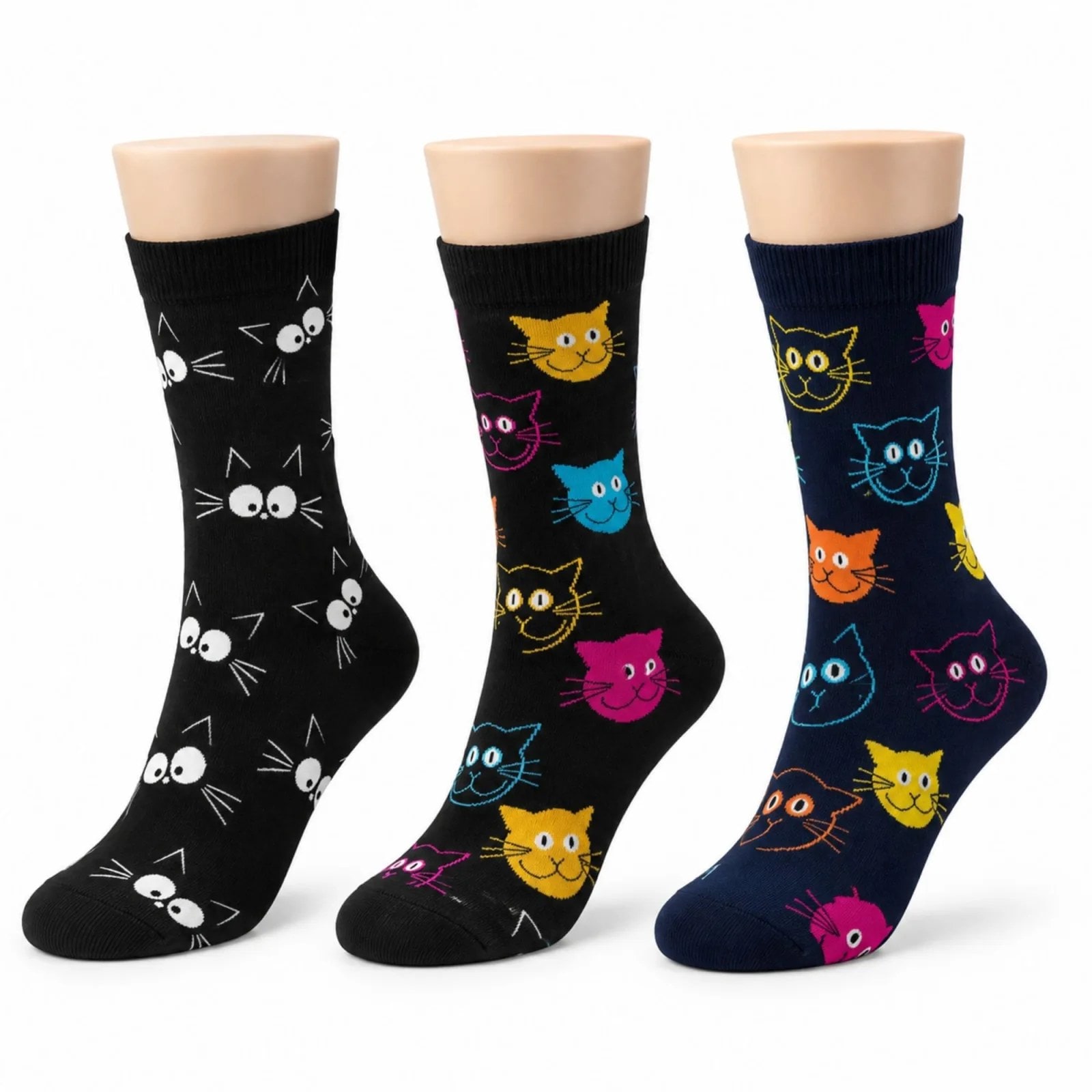 Unisex Kedi Desenli Çorap 3'lü Set Pamuklu Renkli Uzun Soket Dikişsiz Nefes Alan Rahat Günlük Çorap — görsel 1/7