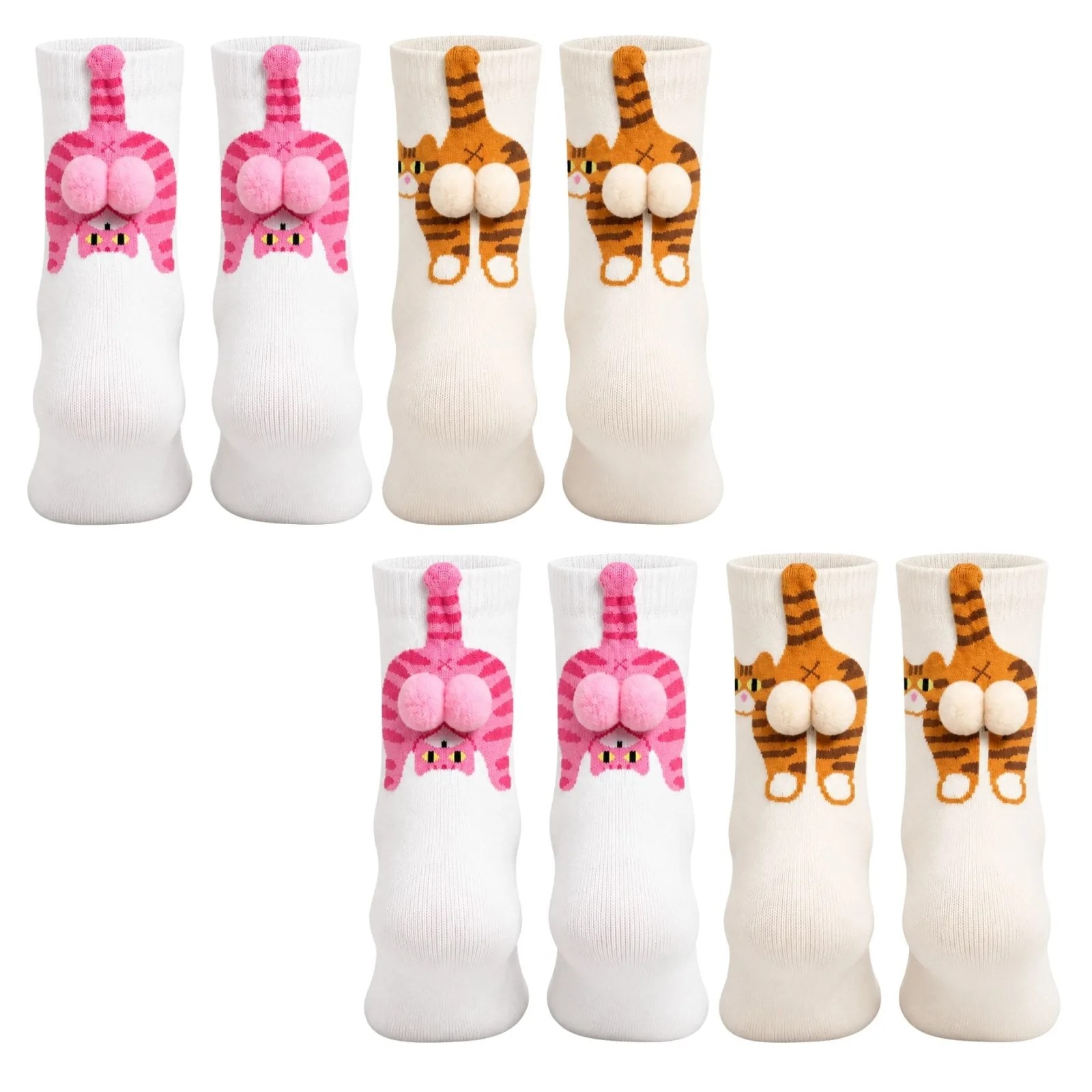 Kadın 4'lü Kedi Desenli 3d Ponponlu Soket Çorap Seti | Pembe Turuncu Tekir Kedi Figürlü Neşeli Çorap — görsel 1/7