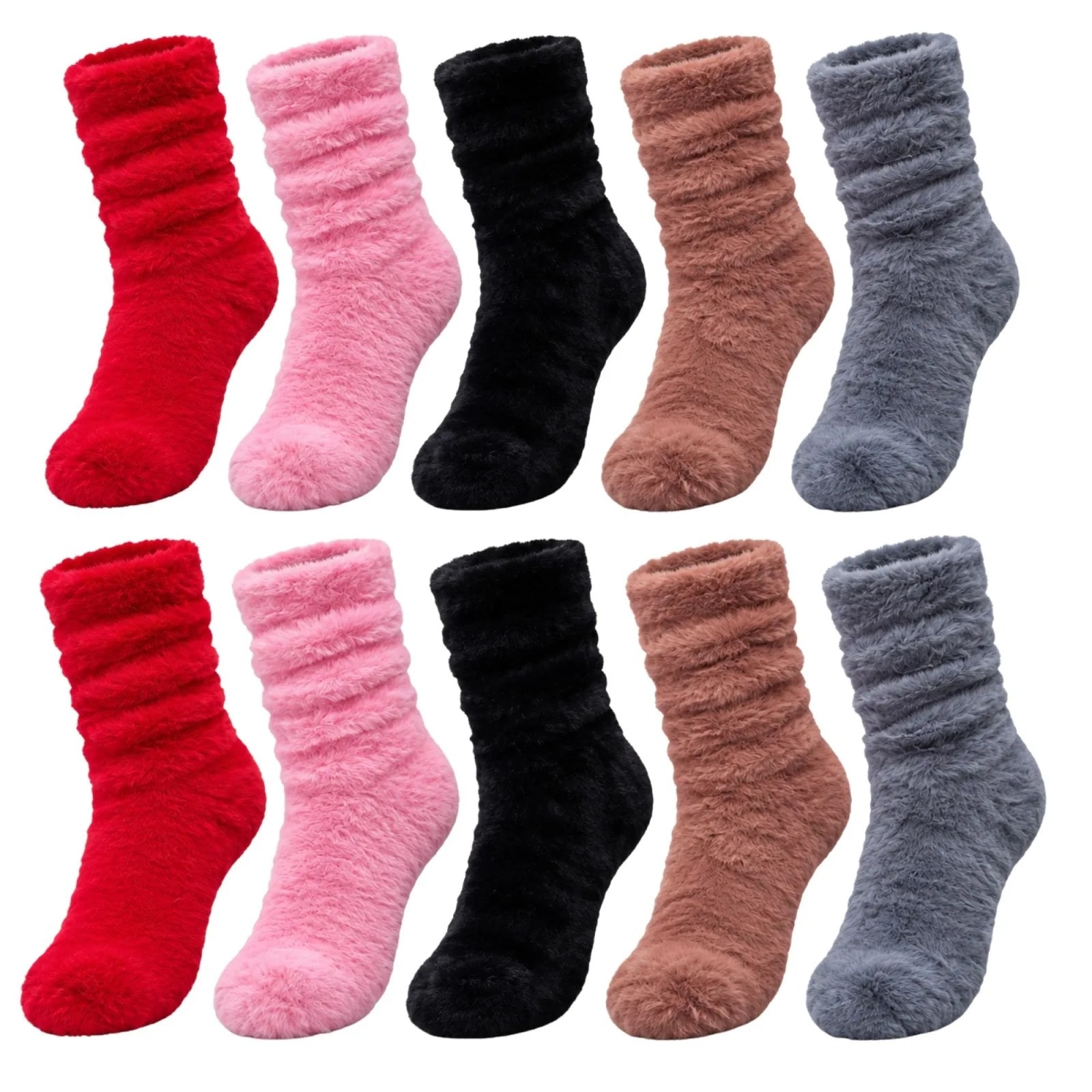 Kadın Peluş Ev Çorabı 10'lu Set | Yumuşacık Tüylü Büzgülü Kışlık Çorap Kırmızı Pembe Siyah Kahve Gri — görsel 1/7