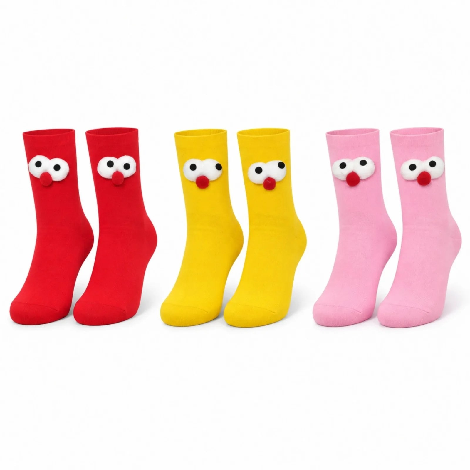 Kadın 3'lü Kutulu 3d Gözlü Soket Çorap Seti | Kırmızı, Sarı, Pembe Eğlenceli Hediyelik Çorap Paketi! — görsel 1/7