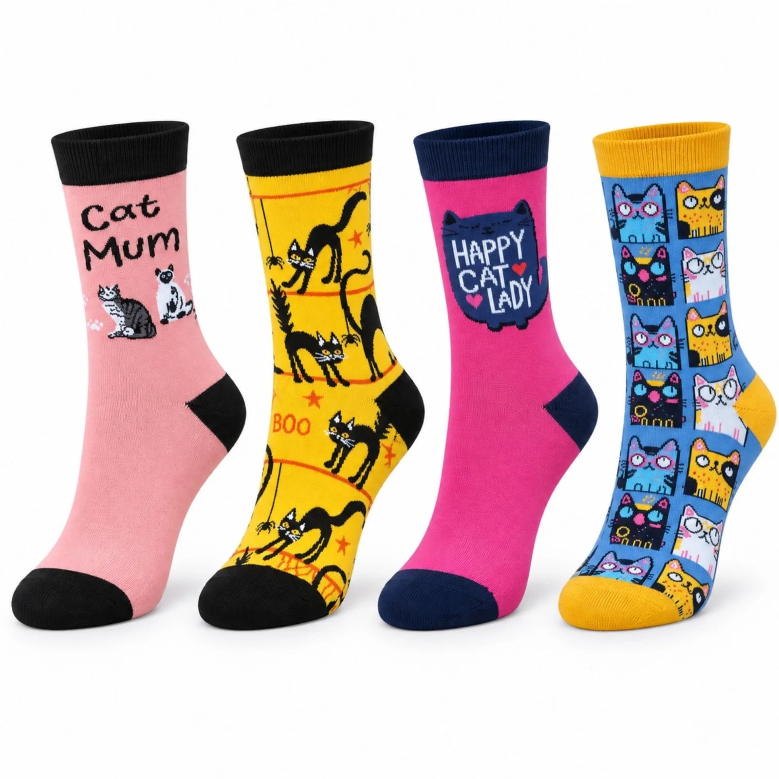 Unisex Kedi Desenli Soket Çorap 4'lü Set | Renkli Eğlenceli Cat Mum Happy Cat Lady Günlük Çorap Seti — görsel 1/7