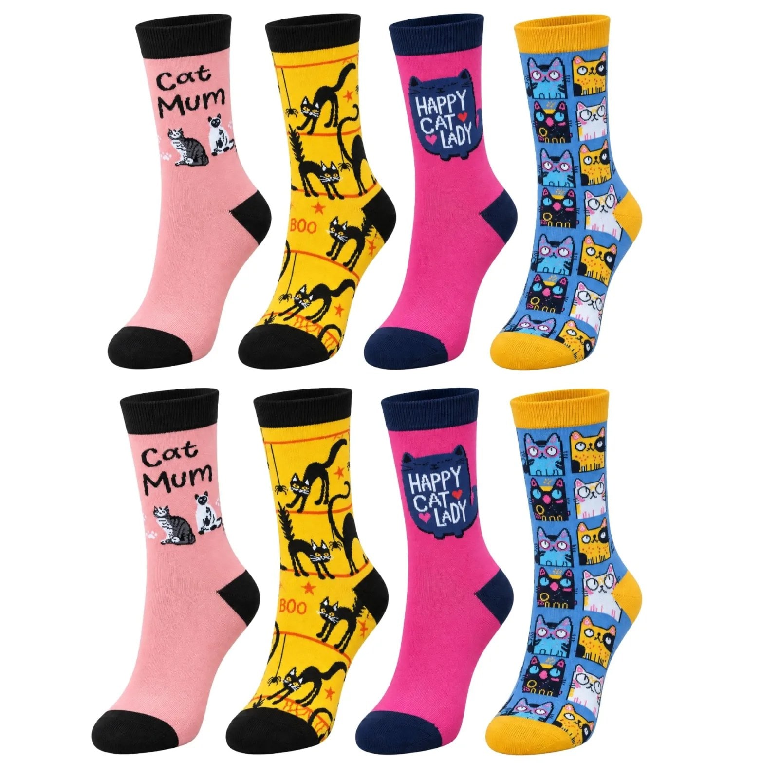 Unisex Kedi Desenli Soket Çorap 8'li Set | Renkli Cat Mum Happy Cat Lady Eğlenceli Günlük Spor Çorap — görsel 1/7