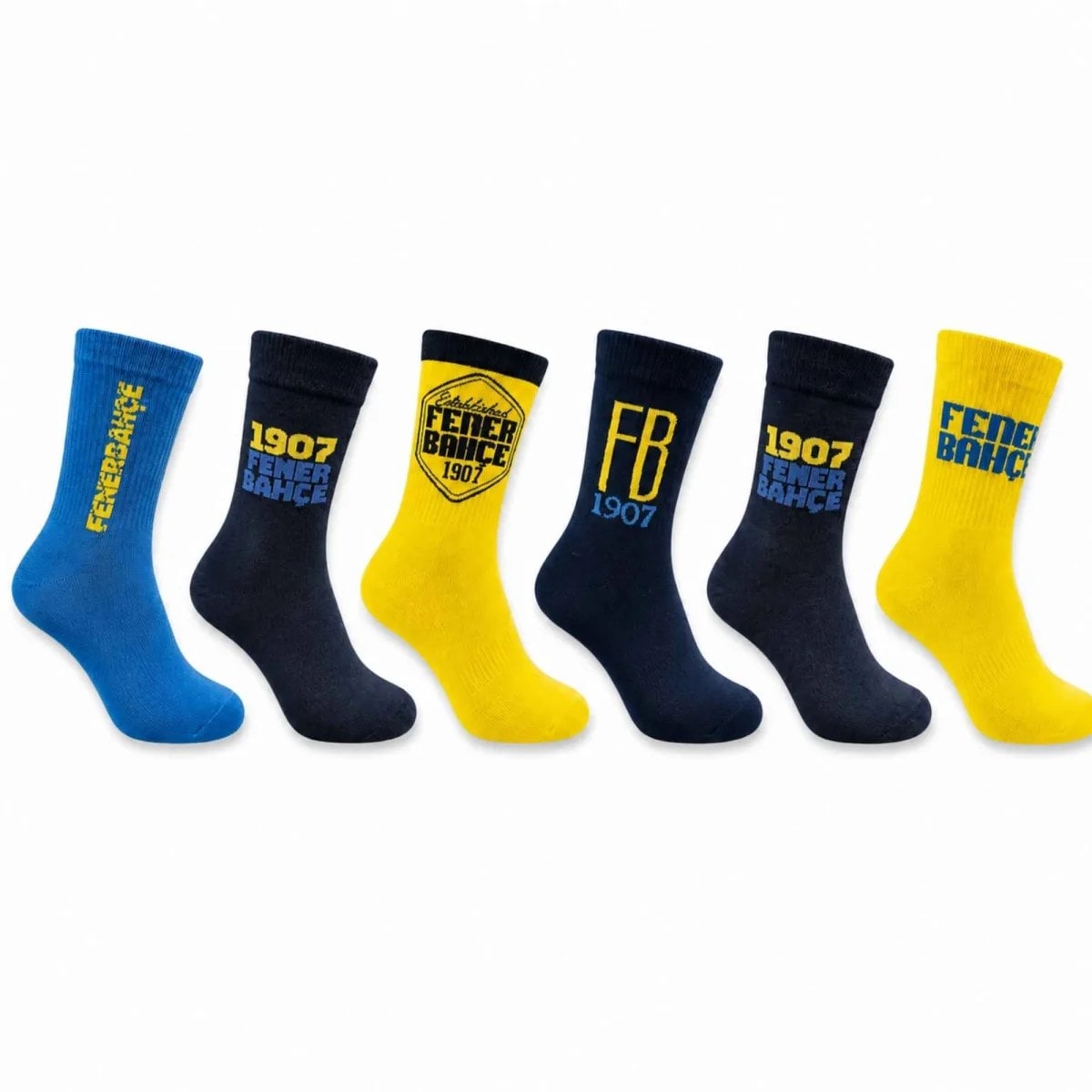 Fenerbahçe Taraftar Çorabı 6’lı Set – Sarı Lacivert Fb 1907 Desenli Yetişkin Günlük Çorap — görsel 1/14