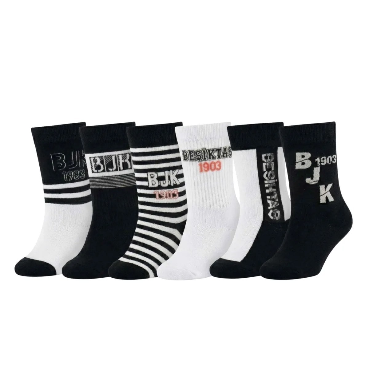 Beşiktaş Taraftar Çorabı 6’lı Set – Siyah Beyaz Bjk 1903 Desenli Yetişkin Günlük Çorap — görsel 1/14