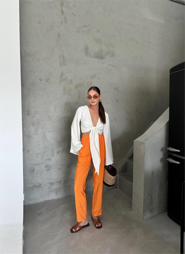 BEL LASTİK DETAYLI MODAL KUMAŞ PANTOLON - Orange