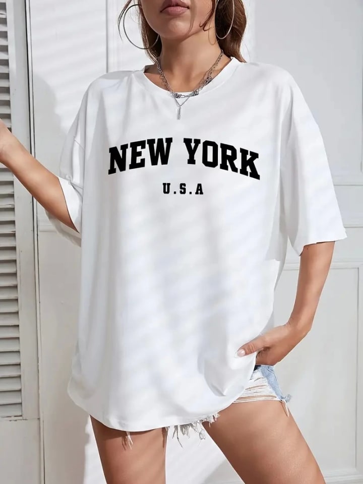 New York Baskılı Oversize Bisiklet Yaka T-shirt - Beyaz