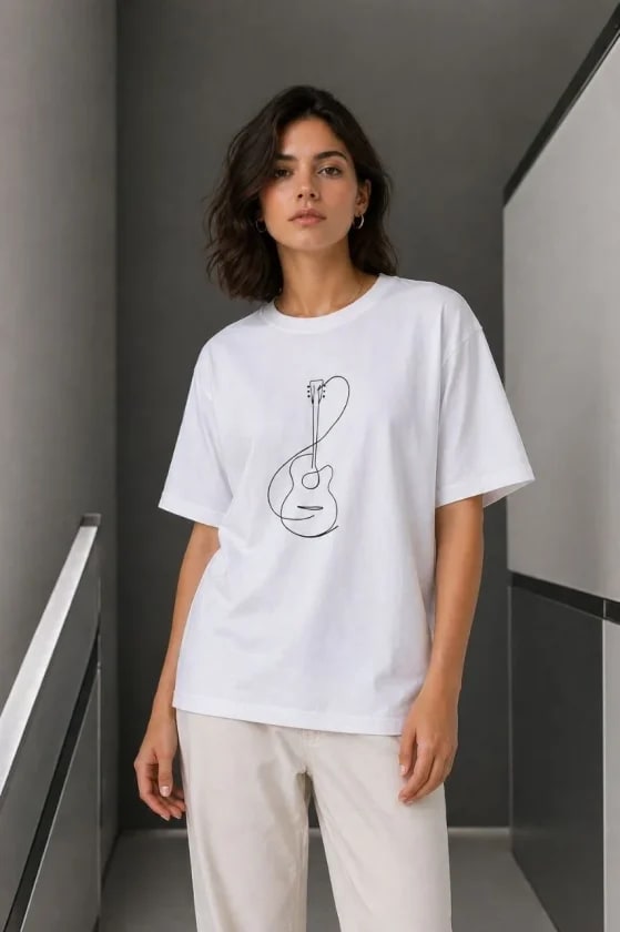 Minimal Gitar Baskılı Tişört T-Shirt Yazlık Kısa Kol Bisiklet Yaka T-Shirt - Beyaz