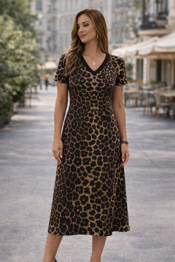 Kadın Kısa Kollu V Yakalı Leopar Desenli Kısa Süprem Elbise