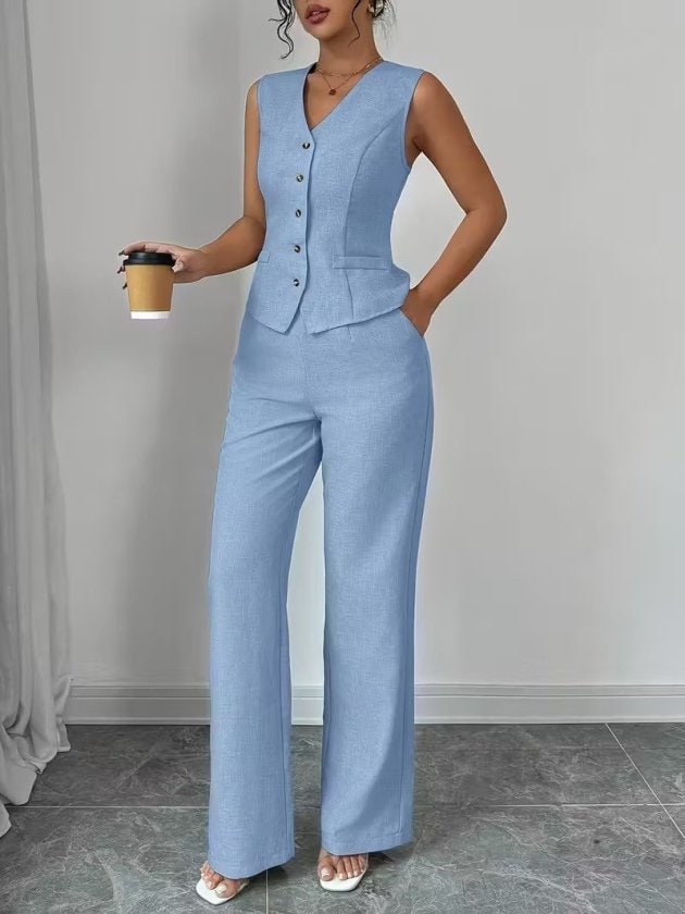 Kadın Askılı önden Düğmeli Bluz Ve Pantolon Keten Ikili Takım