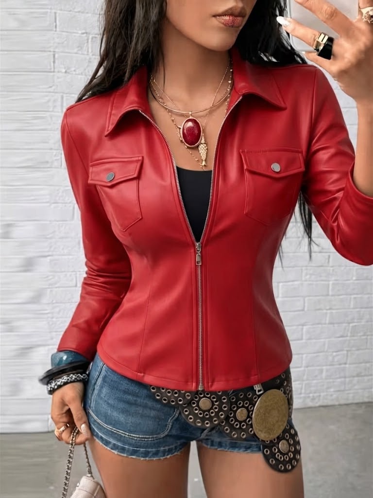Kadın Uzun Kollu önden Fermuarlı Cepli Kısa Deri Ceket