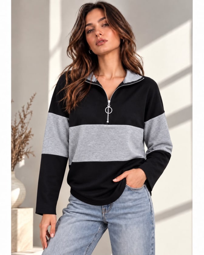Kadın Fermuarlı Yaka Renk Bloklu Sweatshirt / Üst