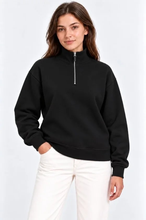 Üç İplik İçi Şardonlu Dik Yaka Yarım Fermuarlı Kışlık Sweatshirt - Siyah